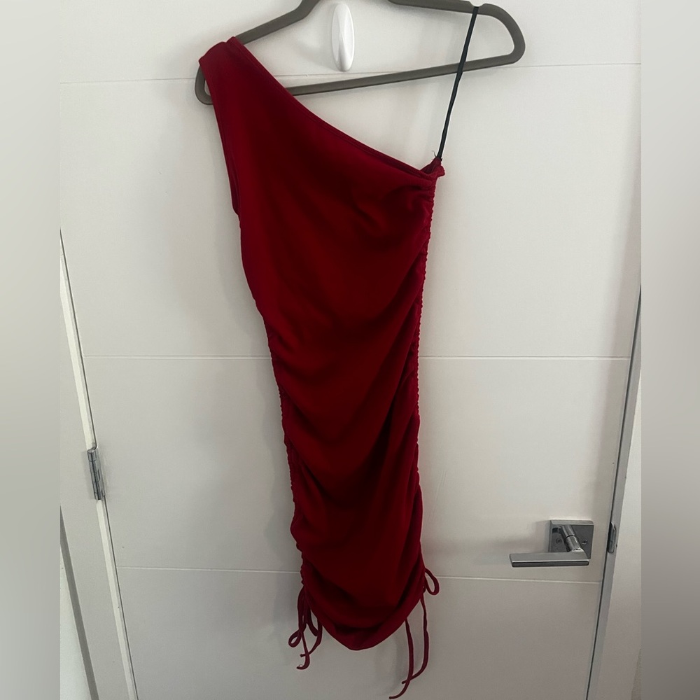 One-Shoulder Ruched Red Dress Size Small - Picture 2 of 5